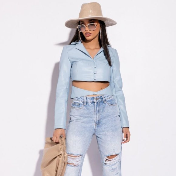 Callie on Clout: Powder Blue Cut Out Button Up Vegan Leather Blazer - Picture 3 of 10